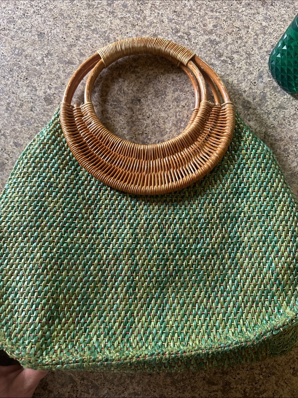 Fossil Green Woven Tote with Bamboo Ring Handles